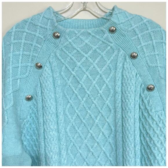 Talbots Women’s XL 16/18  Blue Cable Knit Mock Neck Sweater Silver Buttons - Picture 4 of 12